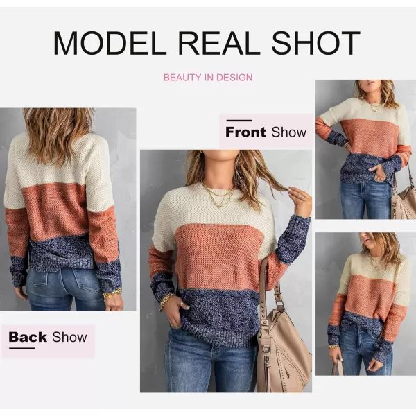 Dokotoo Womens Color Block Sweaters Long Sleeve Crewneck Pullover Knit Jumper Tops