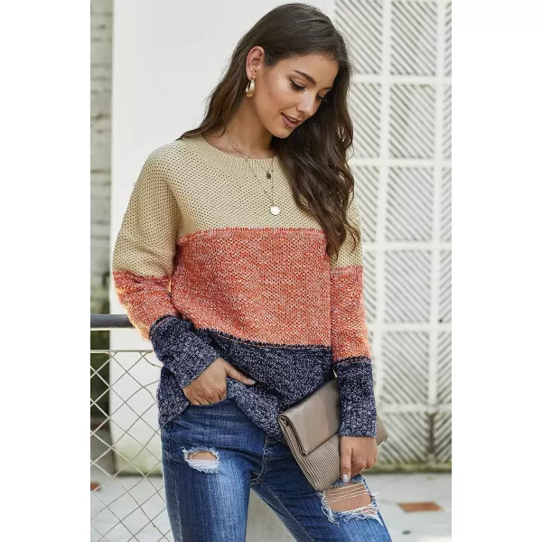 Dokotoo Womens Color Block Sweaters Long Sleeve Crewneck Pullover Knit Jumper Tops