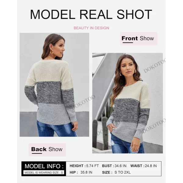 Dokotoo Womens Color Block Sweaters Long Sleeve Crewneck Pullover Knit Jumper Tops