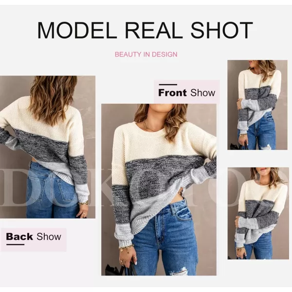 Dokotoo Womens Color Block Sweaters Long Sleeve Crewneck Pullover Knit Jumper Tops