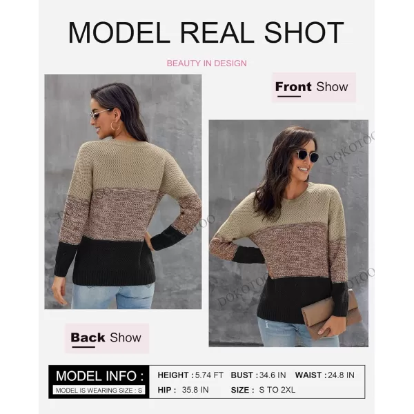 Dokotoo Womens Color Block Sweaters Long Sleeve Crewneck Pullover Knit Jumper Tops