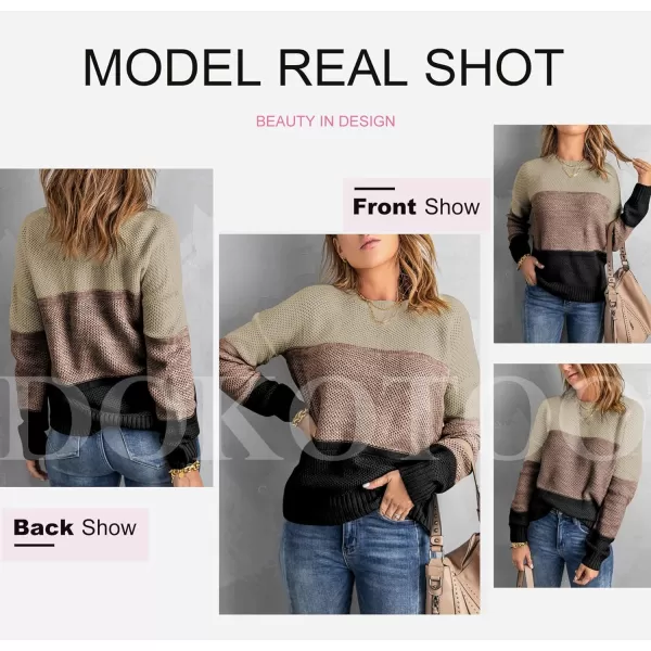 Dokotoo Womens Color Block Sweaters Long Sleeve Crewneck Pullover Knit Jumper Tops