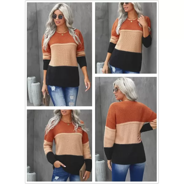 Dokotoo Womens Color Block Sweaters Long Sleeve Crewneck Pullover Knit Jumper Tops