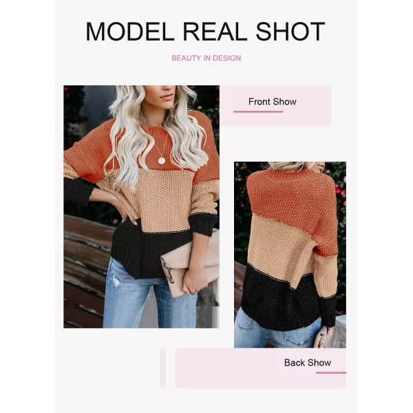 Dokotoo Womens Color Block Sweaters Long Sleeve Crewneck Pullover Knit Jumper Tops