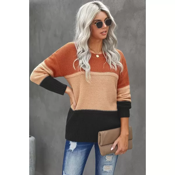 Dokotoo Womens Color Block Sweaters Long Sleeve Crewneck Pullover Knit Jumper Tops