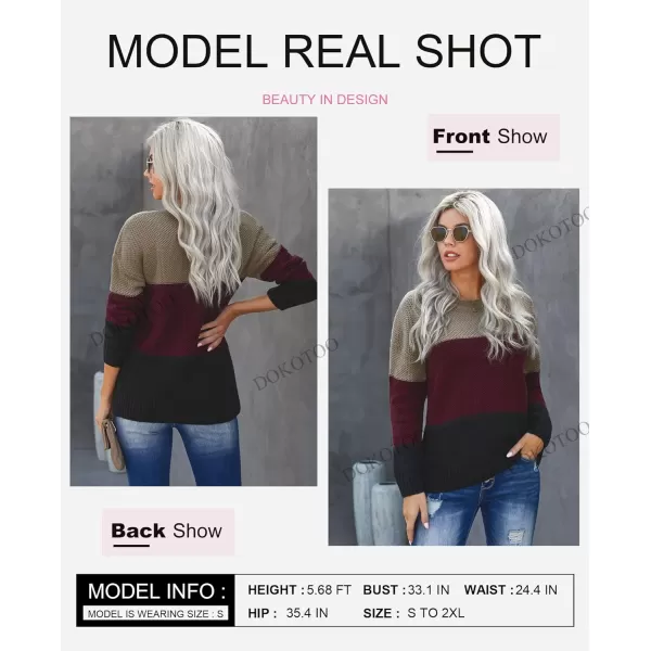 Dokotoo Womens Color Block Sweaters Long Sleeve Crewneck Pullover Knit Jumper Tops