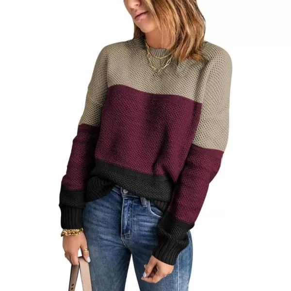 Dokotoo Womens Color Block Sweaters Long Sleeve Crewneck Pullover Knit Jumper Tops