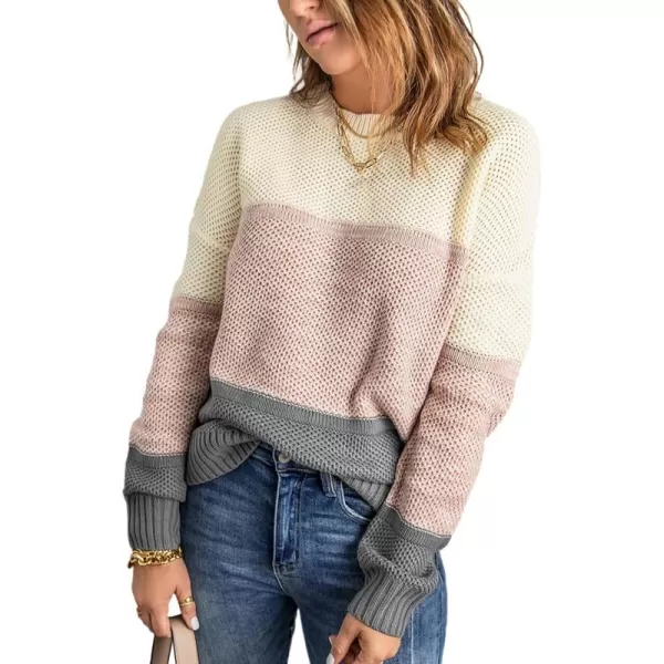 Dokotoo Womens Color Block Sweaters Long Sleeve Crewneck Pullover Knit Jumper Tops