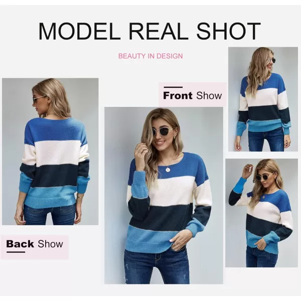Dokotoo Womens Color Block Sweaters Long Sleeve Crewneck Pullover Knit Jumper Tops