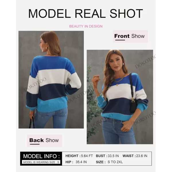 Dokotoo Womens Color Block Sweaters Long Sleeve Crewneck Pullover Knit Jumper Tops