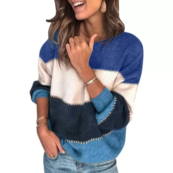 Dokotoo Womens Color Block Sweaters Long Sleeve Crewneck Pullover Knit Jumper Tops