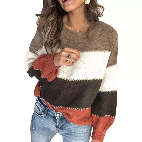 Dokotoo Womens Color Block Sweaters Long Sleeve Crewneck Pullover Knit Jumper Tops
