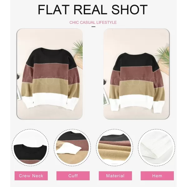 Dokotoo Womens Color Block Sweaters Long Sleeve Crewneck Pullover Knit Jumper Tops