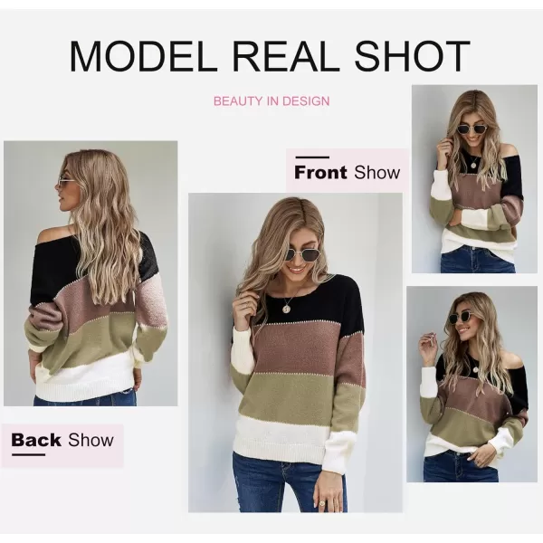 Dokotoo Womens Color Block Sweaters Long Sleeve Crewneck Pullover Knit Jumper Tops