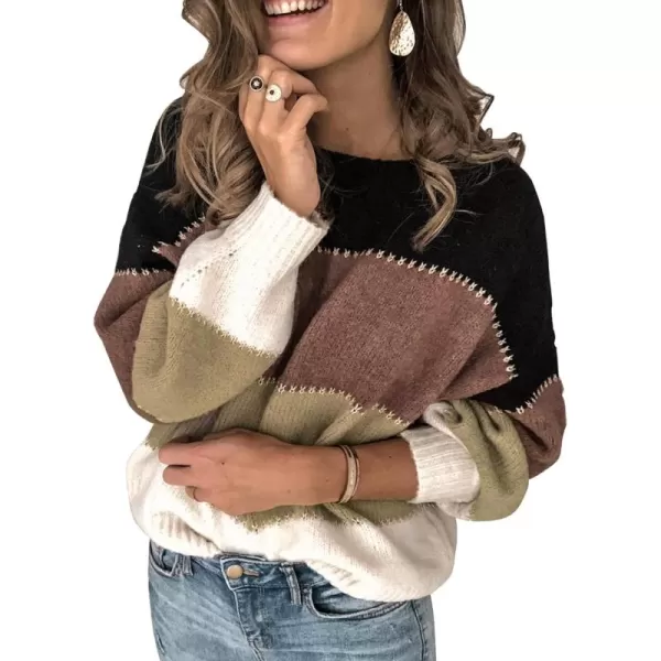Dokotoo Womens Color Block Sweaters Long Sleeve Crewneck Pullover Knit Jumper Tops