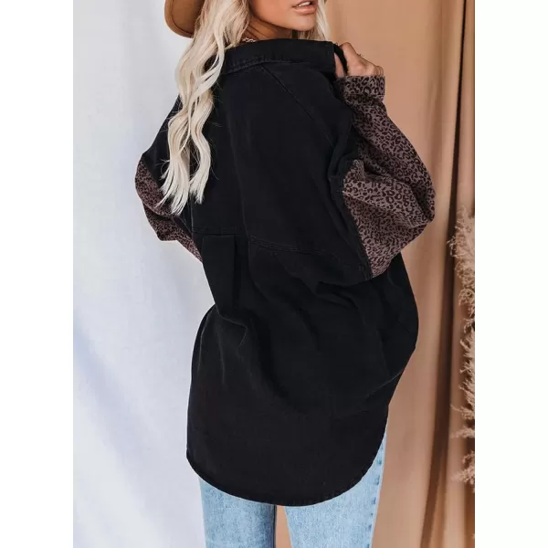 Dokotoo Womens Contrast Leopard Denim Jacket Long Sleeve Button Down Shirts Boyfriend Oversized Blouses Tops
