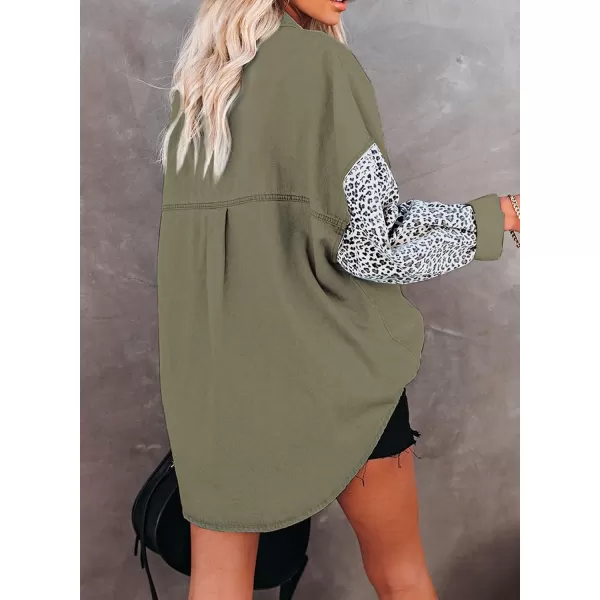 Dokotoo Womens Contrast Leopard Denim Jacket Long Sleeve Button Down Shirts Boyfriend Oversized Blouses Tops