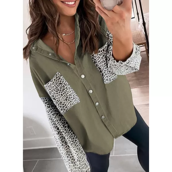 Dokotoo Womens Contrast Leopard Denim Jacket Long Sleeve Button Down Shirts Boyfriend Oversized Blouses Tops