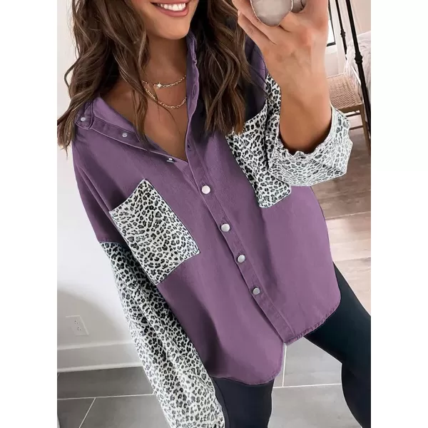 Dokotoo Womens Contrast Leopard Denim Jacket Long Sleeve Button Down Shirts Boyfriend Oversized Blouses Tops
