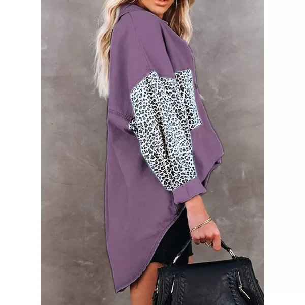 Dokotoo Womens Contrast Leopard Denim Jacket Long Sleeve Button Down Shirts Boyfriend Oversized Blouses Tops