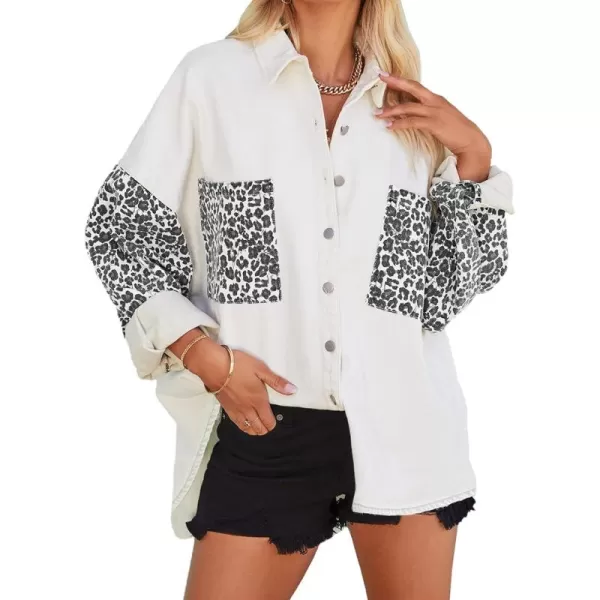 Dokotoo Womens Contrast Leopard Denim Jacket Long Sleeve Button Down Shirts Boyfriend Oversized Blouses Tops