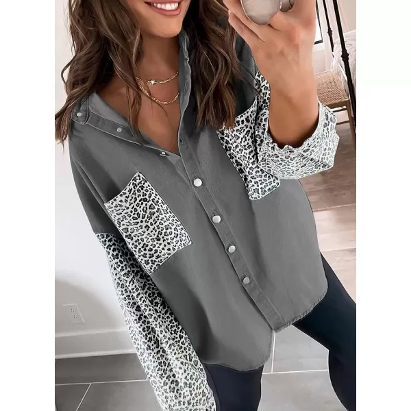 Dokotoo Womens Contrast Leopard Denim Jacket Long Sleeve Button Down Shirts Boyfriend Oversized Blouses Tops