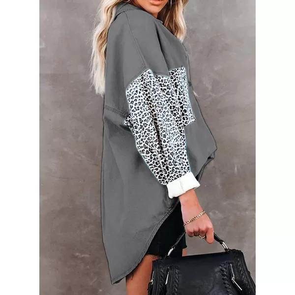 Dokotoo Womens Contrast Leopard Denim Jacket Long Sleeve Button Down Shirts Boyfriend Oversized Blouses Tops