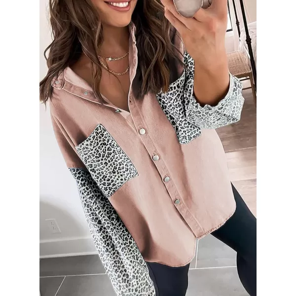 Dokotoo Womens Contrast Leopard Denim Jacket Long Sleeve Button Down Shirts Boyfriend Oversized Blouses Tops
