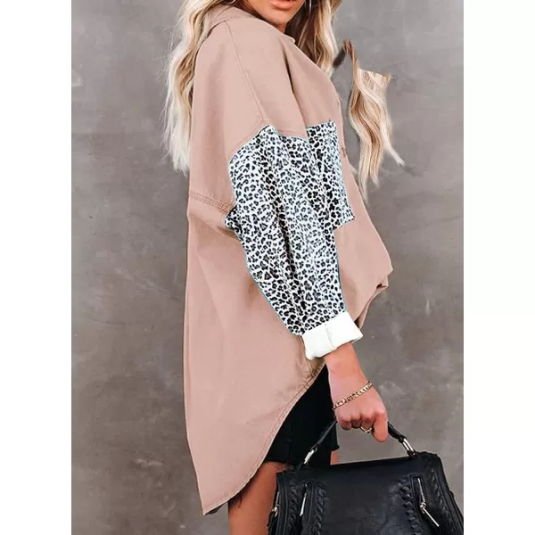 Dokotoo Womens Contrast Leopard Denim Jacket Long Sleeve Button Down Shirts Boyfriend Oversized Blouses Tops