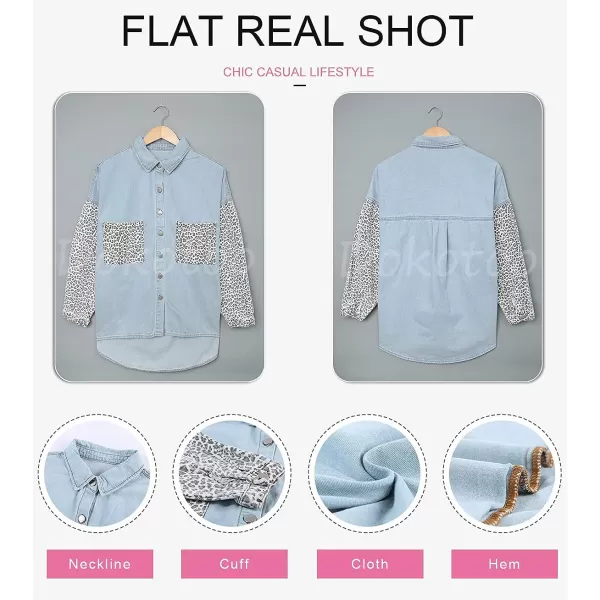 Dokotoo Womens Contrast Leopard Denim Jacket Long Sleeve Button Down Shirts Boyfriend Oversized Blouses Tops