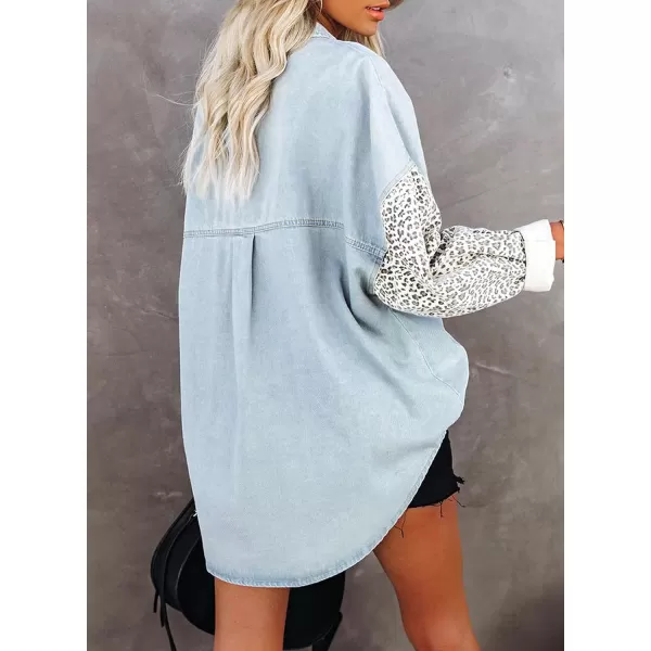 Dokotoo Womens Contrast Leopard Denim Jacket Long Sleeve Button Down Shirts Boyfriend Oversized Blouses Tops
