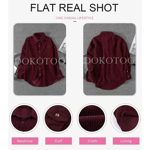Dokotoo Womens Corduroy Button Down Shirts Boyfriend Long Sleeve Oversized Blouses Tops