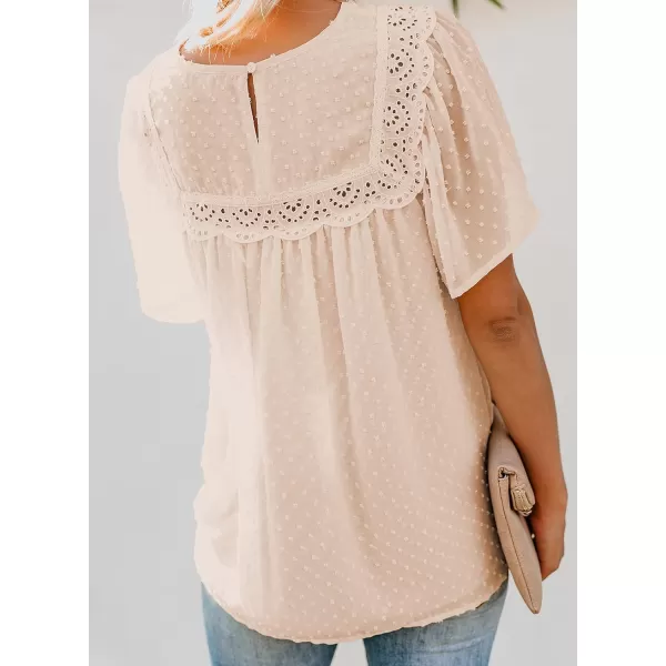 Dokotoo Womens Crewneck Lace Crochet Pom Pom Flowy Short Sleeve Casual Shirts Blouses Tops