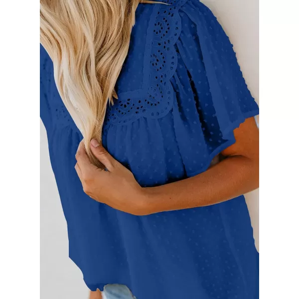 Dokotoo Womens Crewneck Lace Crochet Pom Pom Flowy Short Sleeve Casual Shirts Blouses Tops
