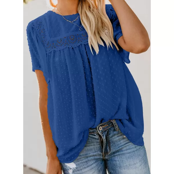 Dokotoo Womens Crewneck Lace Crochet Pom Pom Flowy Short Sleeve Casual Shirts Blouses Tops