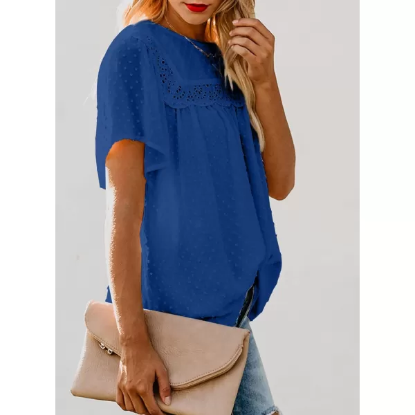 Dokotoo Womens Crewneck Lace Crochet Pom Pom Flowy Short Sleeve Casual Shirts Blouses Tops