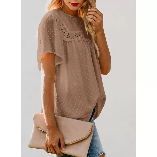 Dokotoo Womens Crewneck Lace Crochet Pom Pom Flowy Short Sleeve Casual Shirts Blouses Tops
