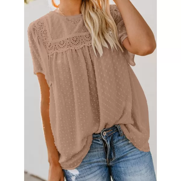 Dokotoo Womens Crewneck Lace Crochet Pom Pom Flowy Short Sleeve Casual Shirts Blouses Tops