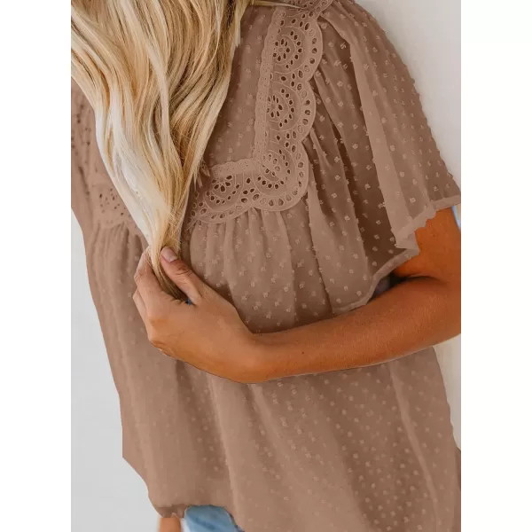 Dokotoo Womens Crewneck Lace Crochet Pom Pom Flowy Short Sleeve Casual Shirts Blouses Tops