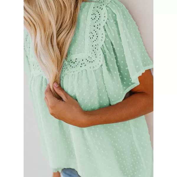 Dokotoo Womens Crewneck Lace Crochet Pom Pom Flowy Short Sleeve Casual Shirts Blouses Tops