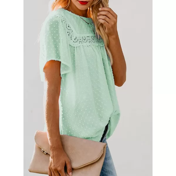 Dokotoo Womens Crewneck Lace Crochet Pom Pom Flowy Short Sleeve Casual Shirts Blouses Tops