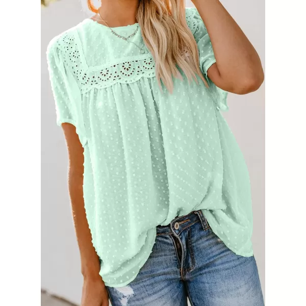 Dokotoo Womens Crewneck Lace Crochet Pom Pom Flowy Short Sleeve Casual Shirts Blouses Tops