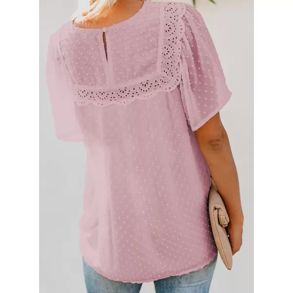 Dokotoo Womens Crewneck Lace Crochet Pom Pom Flowy Short Sleeve Casual Shirts Blouses Tops