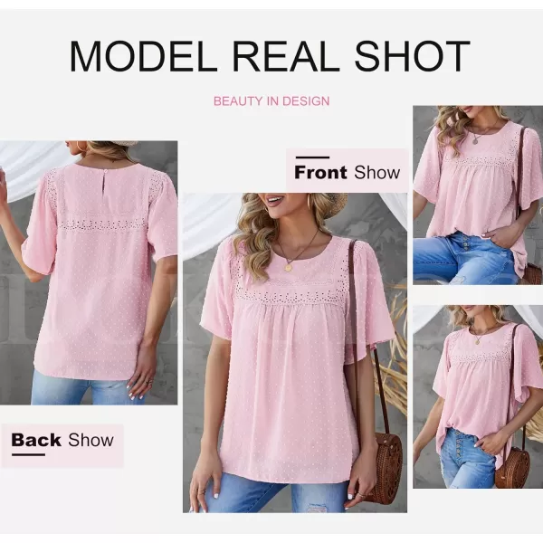 Dokotoo Womens Crewneck Lace Crochet Pom Pom Flowy Short Sleeve Casual Shirts Blouses Tops