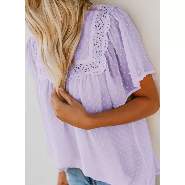 Dokotoo Womens Crewneck Lace Crochet Pom Pom Flowy Short Sleeve Casual Shirts Blouses Tops