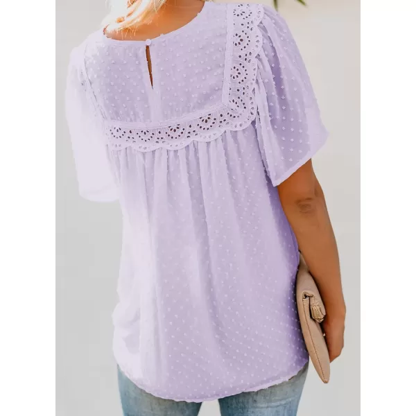 Dokotoo Womens Crewneck Lace Crochet Pom Pom Flowy Short Sleeve Casual Shirts Blouses Tops