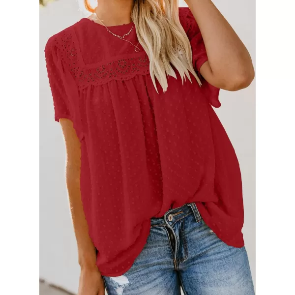 Dokotoo Womens Crewneck Lace Crochet Pom Pom Flowy Short Sleeve Casual Shirts Blouses Tops