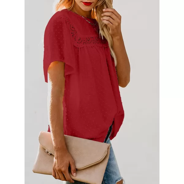 Dokotoo Womens Crewneck Lace Crochet Pom Pom Flowy Short Sleeve Casual Shirts Blouses Tops