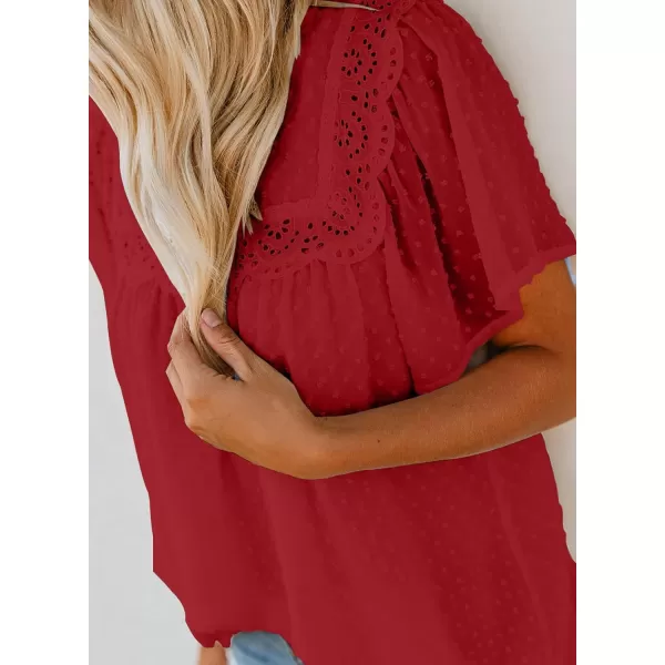Dokotoo Womens Crewneck Lace Crochet Pom Pom Flowy Short Sleeve Casual Shirts Blouses Tops
