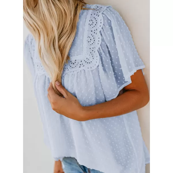 Dokotoo Womens Crewneck Lace Crochet Pom Pom Flowy Short Sleeve Casual Shirts Blouses Tops